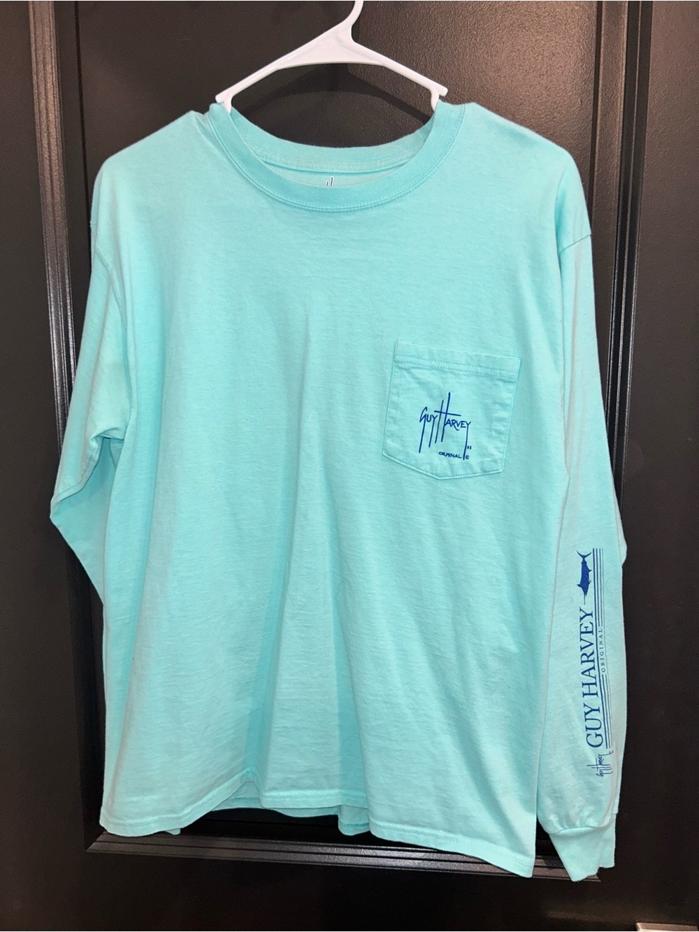 Guy Harvey Aqua Long Sleeve Pocket Tee with Sleeve Graphic